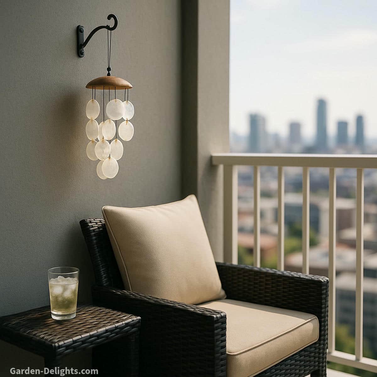 Small capiz shell wind chime hanging from a wall hook on a grey balcony wall beside a wicker chair with beige cushions and a refreshing drink on a side table overlooking a bright calm city view creating soft reflective sound and peaceful airflow ambience