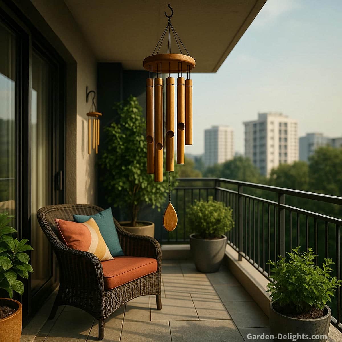 Low wind balcony wind chimes designed for gentle breeze activation creating calm rhythmic tone in airflow limited city balconies sheltered corners and high rise outdoor spaces
