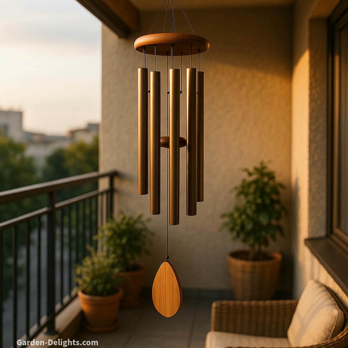 Quiet tone balcony wind chimes glowing in warm light with soft rhythmic resonance created for airflow pockets gentle breeze activation and peaceful sound clarity in small urban outdoor spaces
