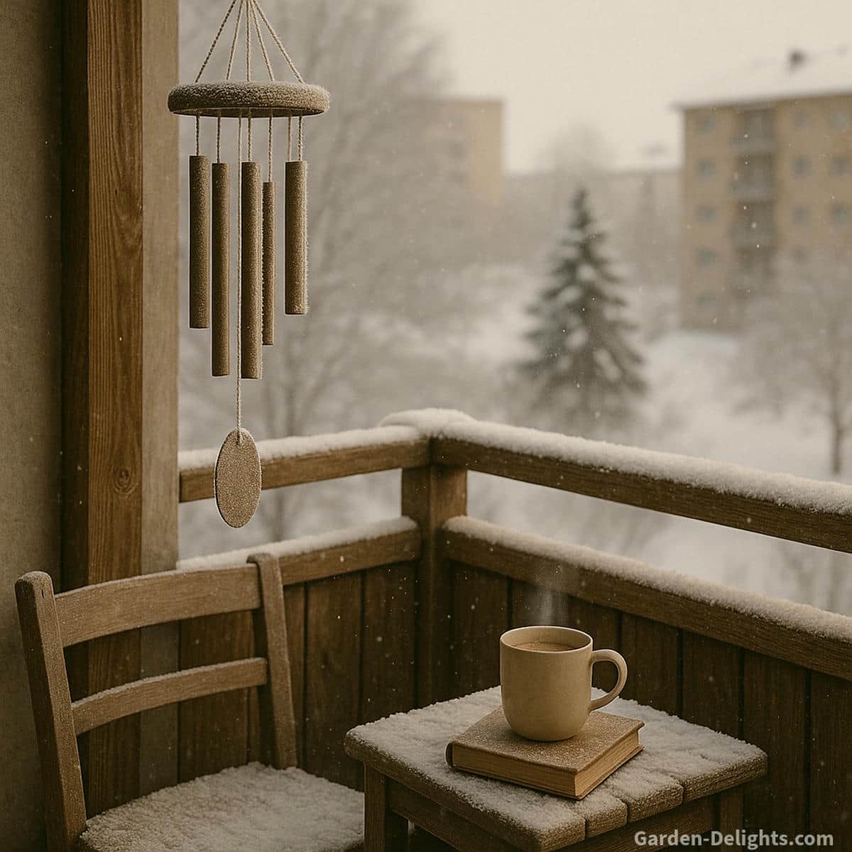 Balcony wind chimes reacting to winter cold air with sharper tone softer airflow pockets and visible frost on cords in a small apartment balcony environment