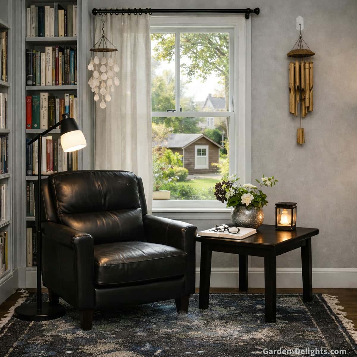 cozy indoor reading nook with black leather chair and small side table with reading glasses beside a bright window where small capiz shell wind chime hangs from curtain rod and compact bamboo wind chime hangs from adhesive wall hook creating gentle airflow sound calming apartment decor and peaceful meditation reading space
