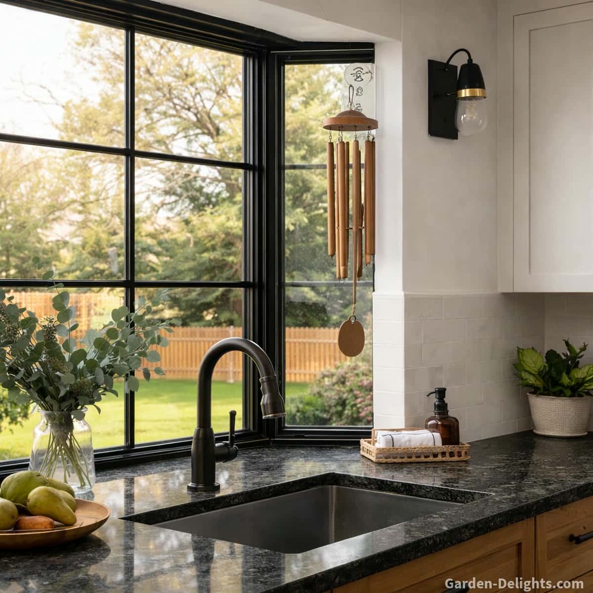 Lightweight no drill bronze wind chime hanging from a clear suction hook on the right side kitchen window creating gentle calming sound with warm morning light soft airflow movement and renter safe placement above a black granite counter