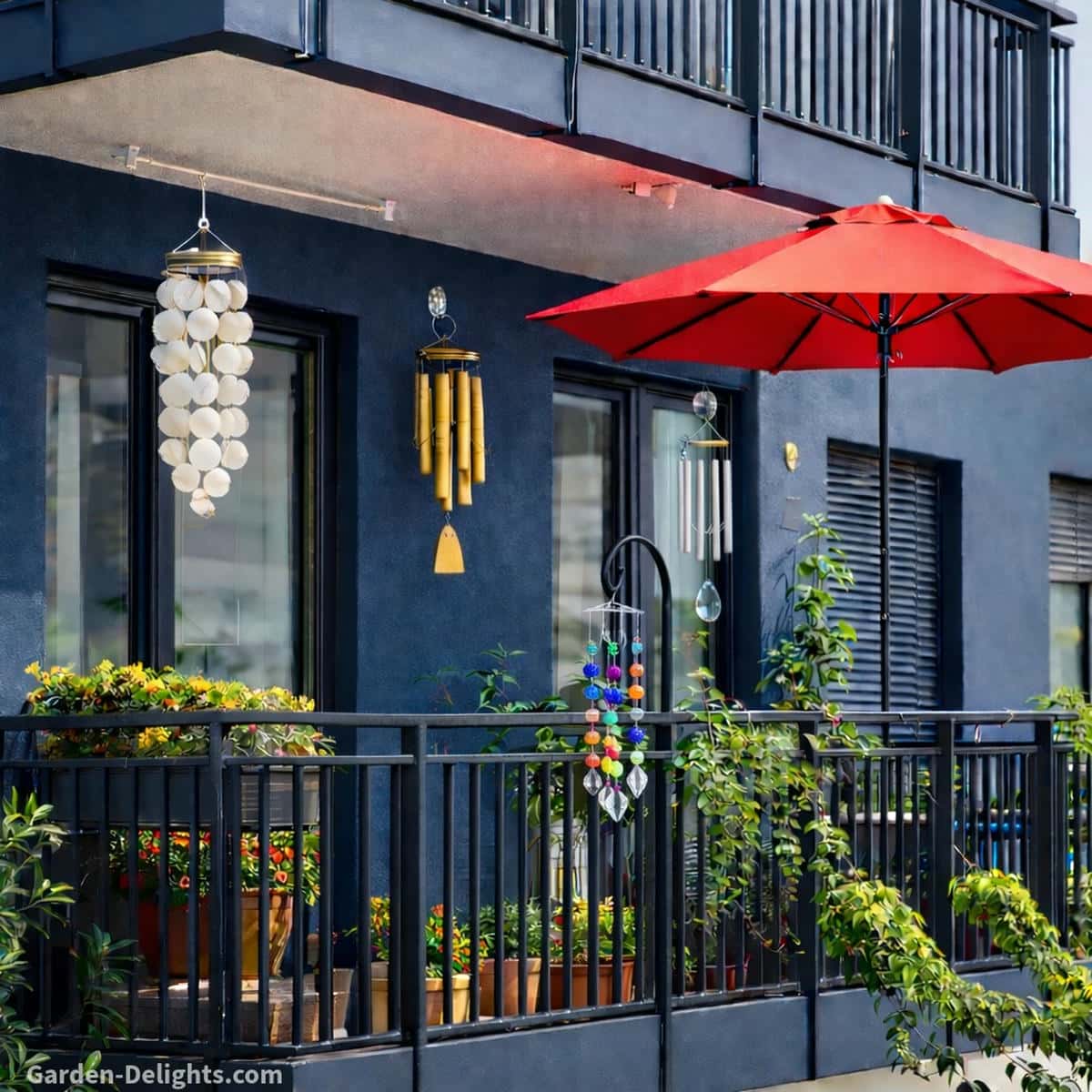 lightweight bamboo capiz shell aluminum and glass wind chimes mounted around an apartment balcony using suction hooks adhesive hooks magnetic hangers and a compact tension rod creating soft breeze movement and quiet tone response for renter friendly balcony decor