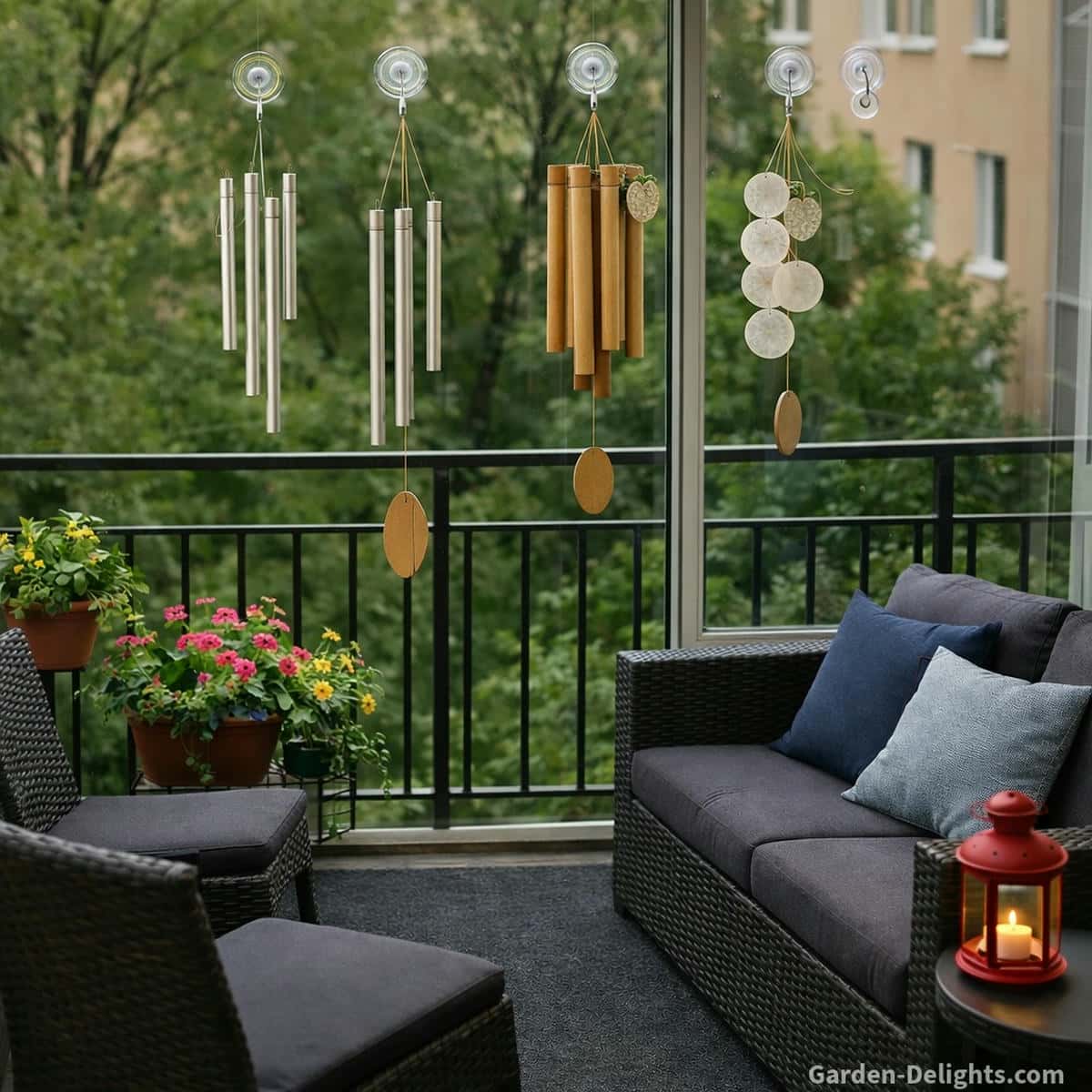 lightweight no drill wind chimes hanging from suction hooks on a glass balcony window including aluminum bamboo and capiz shell wind chimes creating gentle melodic sound in a peaceful apartment balcony garden space