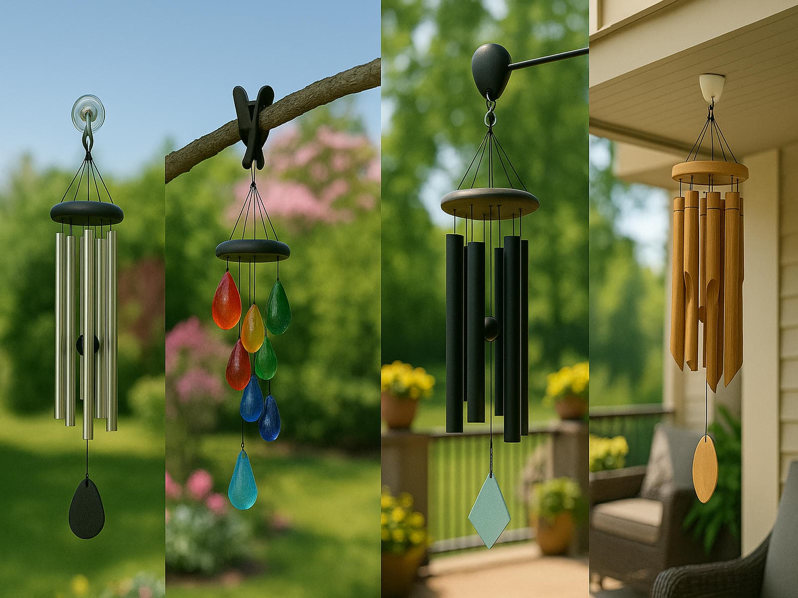 Lightweight no drill wind chimes hanging on an apartment balcony, small patio and sunny window with suction cup, magnetic and clip on chimes for seniors, renters and peaceful indoor spaces