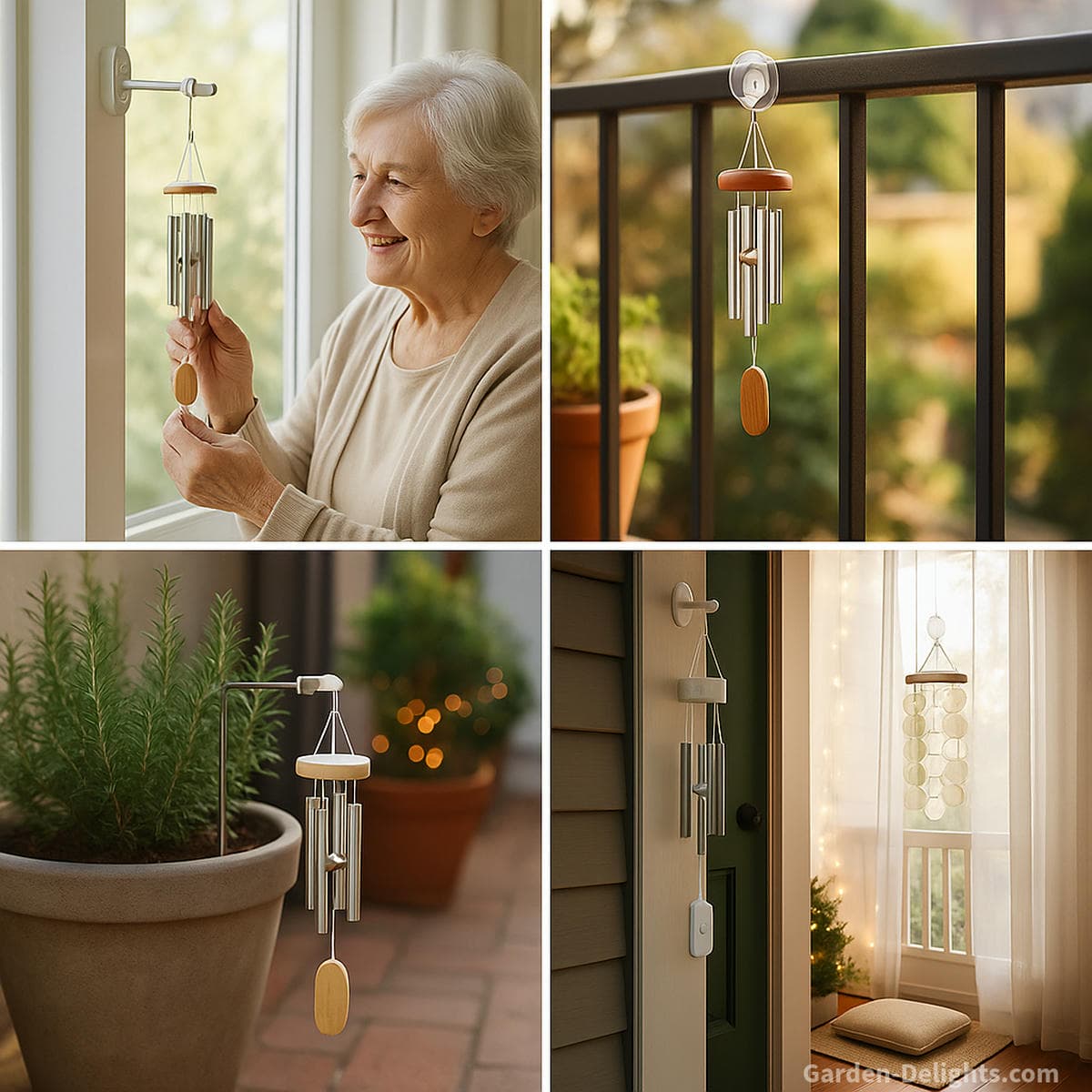 lightweight no drill wind chimes hanging from suction hooks clips and adhesive mounts on balcony railings planters and windows creating gentle calming sound for seniors renters apartments and small patio meditation spaces