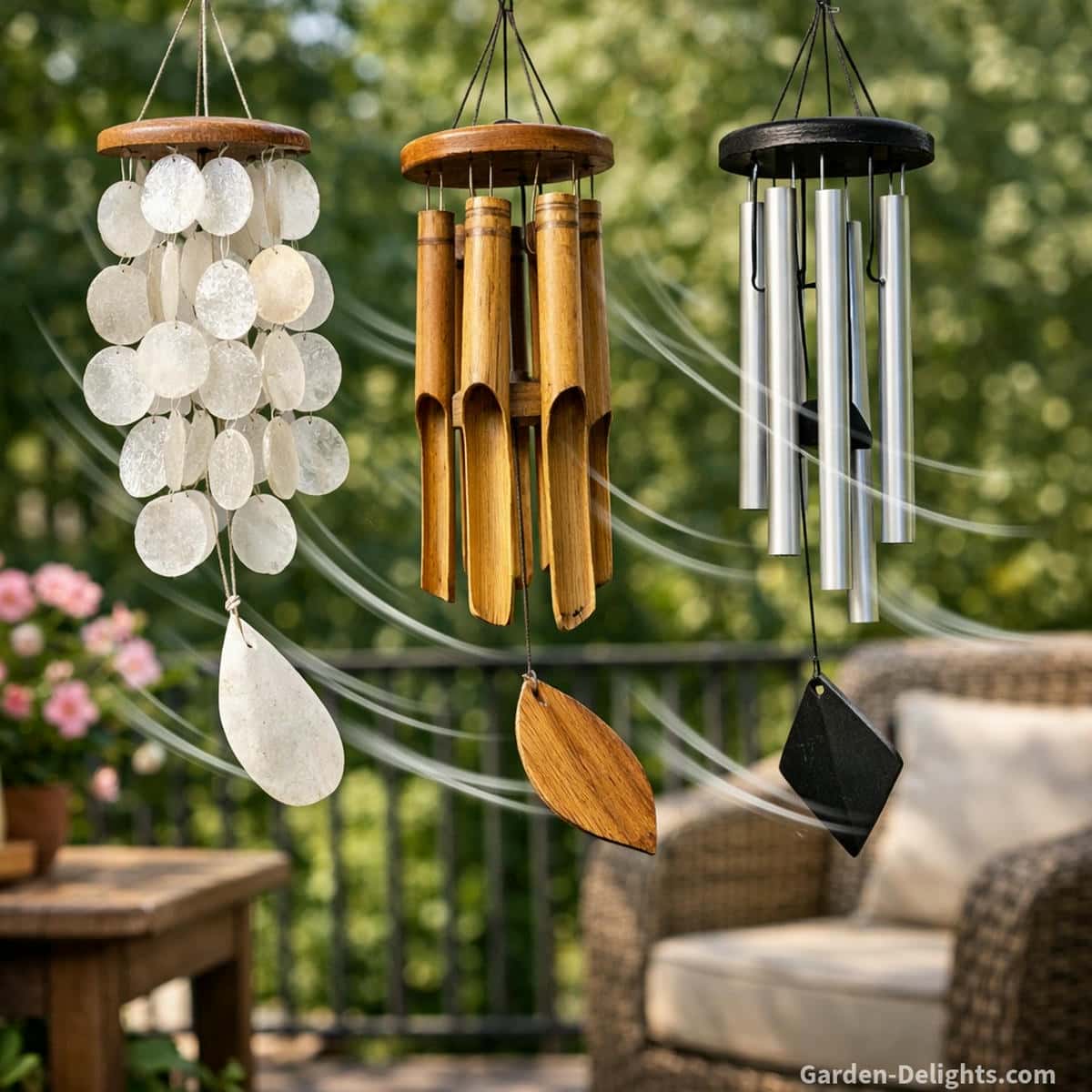 lightweight wind chimes made from capiz shell bamboo resin and mini aluminum gently moving in a soft balcony breeze showing airflow sensitivity and breeze activation in quiet patio and apartment spaces