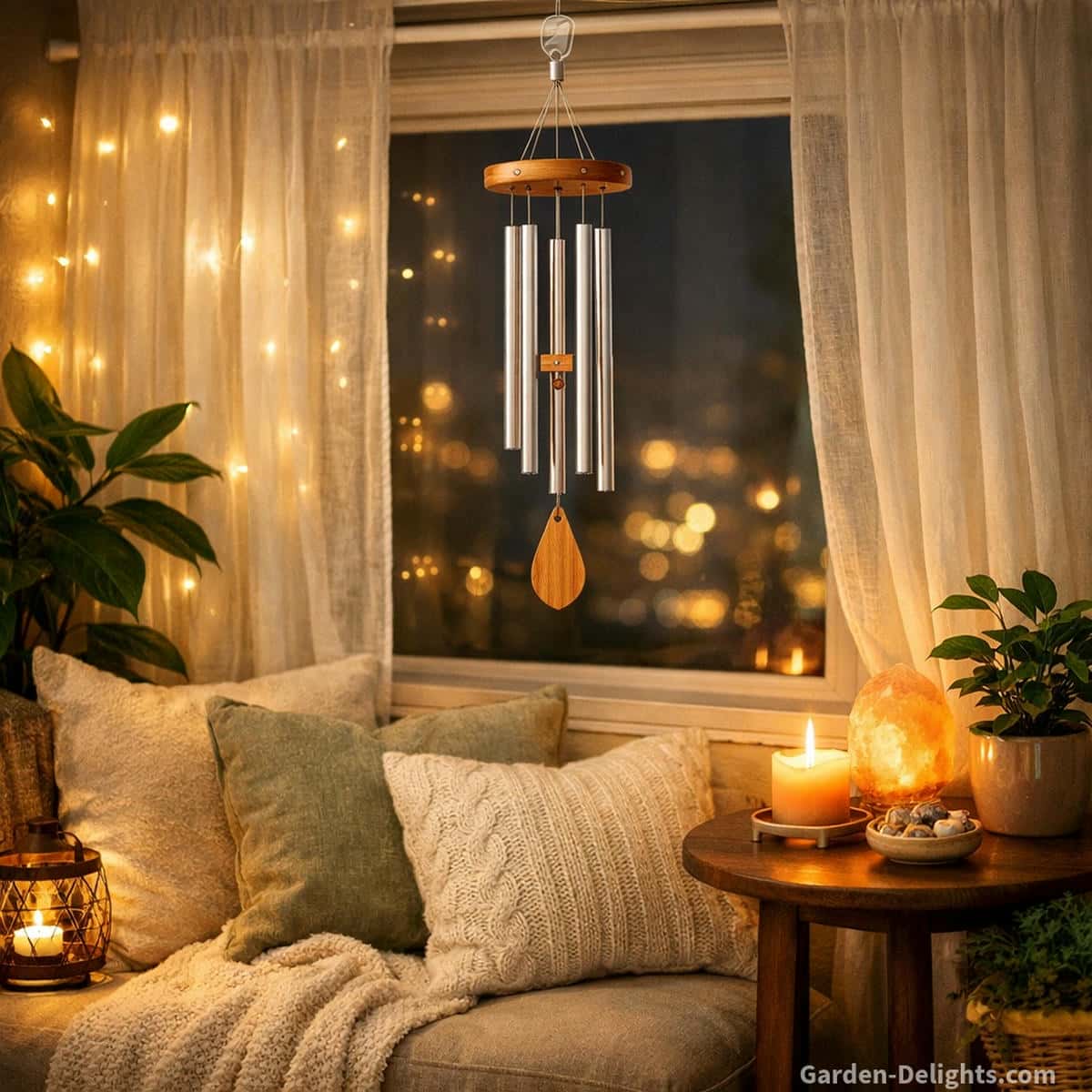 lightweight wind chimes styled with curtains plants and soft lighting creating gentle indoor airflow and calm atmosphere