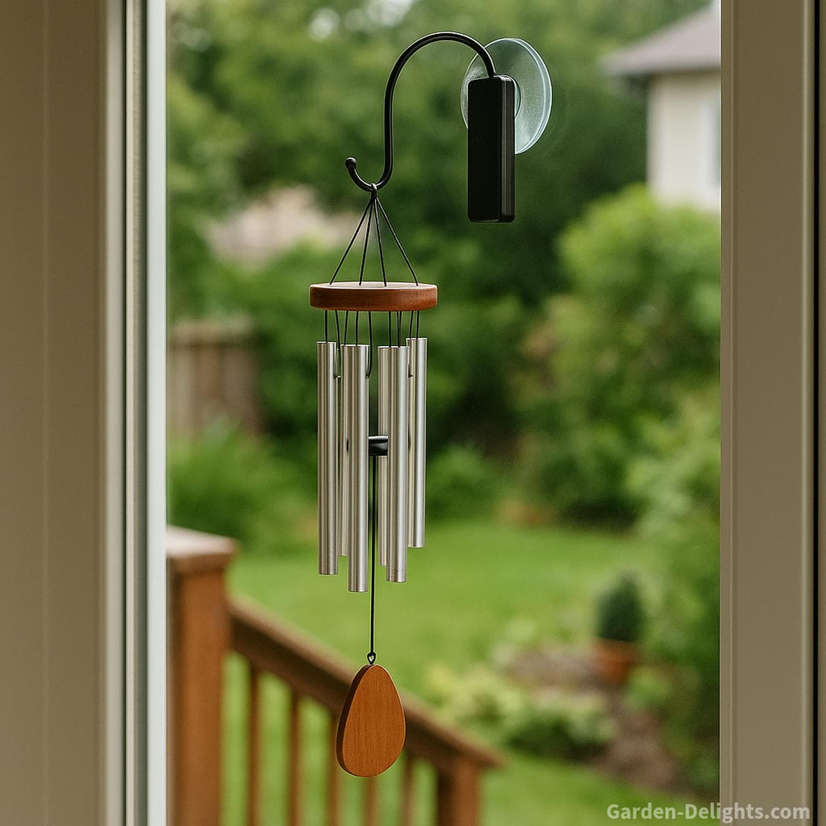 window mounted no drill wind chimes with gentle airflow creating quiet indoor and balcony tone