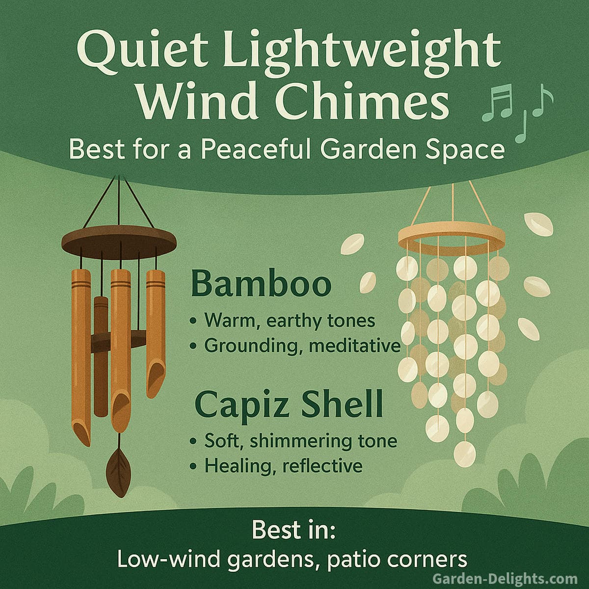 infographic comparing lightweight wind chime sound quality and breeze sensitivity showing resin capiz shell bamboo and mini aluminum wind chimes that create soft tones and respond to gentle breeze movement in balconies patios and meditation gardens