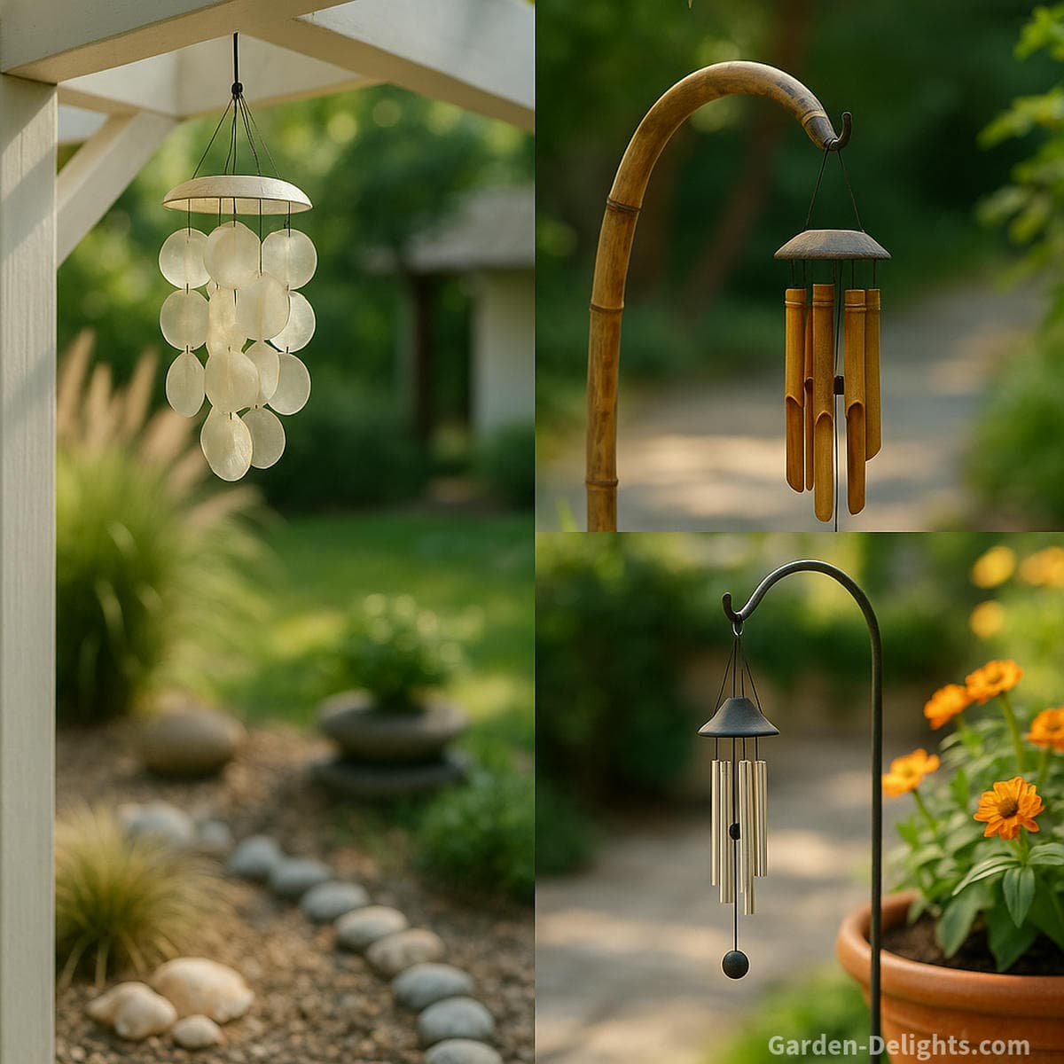 quiet lightweight wind chimes made from capiz shell bamboo and mini aluminum producing soft soothing tones in a peaceful garden setting ideal for apartment balconies meditation spaces sensory gardens and small patios with gentle breeze movement