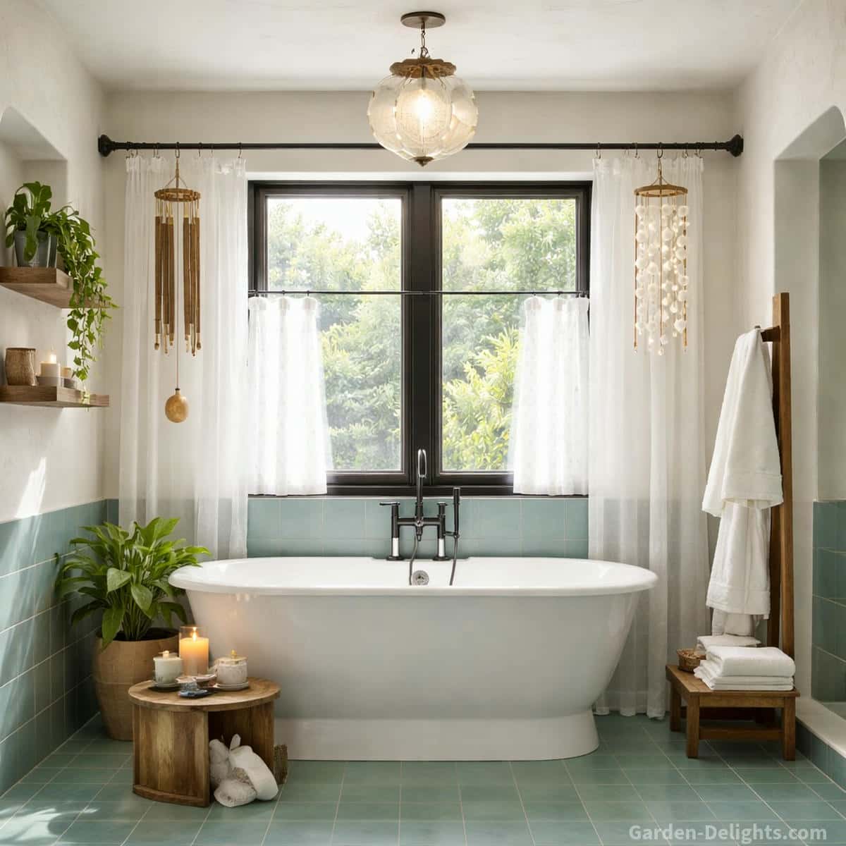 spa bathroom with seafoam green tile and white freestanding bathtub featuring bamboo wind chime and capiz shell wind chime hanging from a wall to wall tension rod across a window creating gentle airflow sound and peaceful feng shui bathroom decor