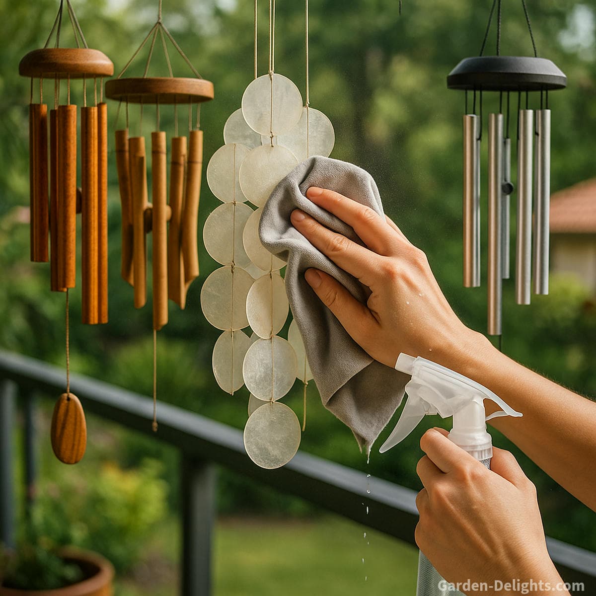 cleaning lightweight wind chimes preserving airflow movement and tone clarity on balcony