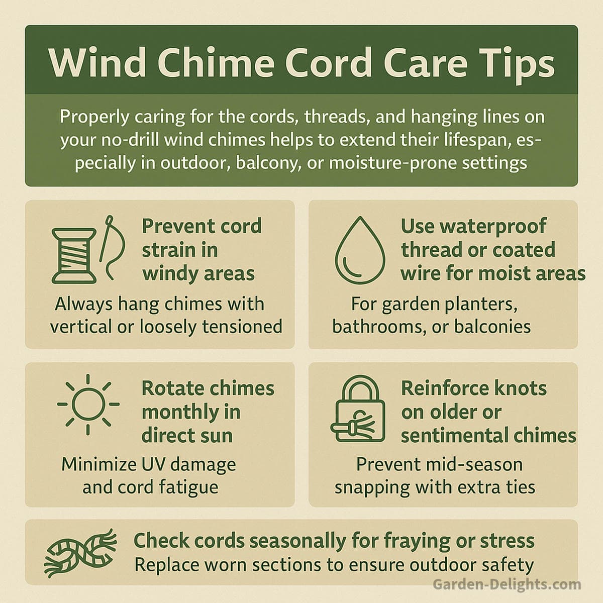 infographic showing wind chime cord care and maintenance tips for lightweight no drill wind chimes including preventing fraying reducing UV damage reinforcing knots and protecting hanging threads for balcony patio and garden wind chimes