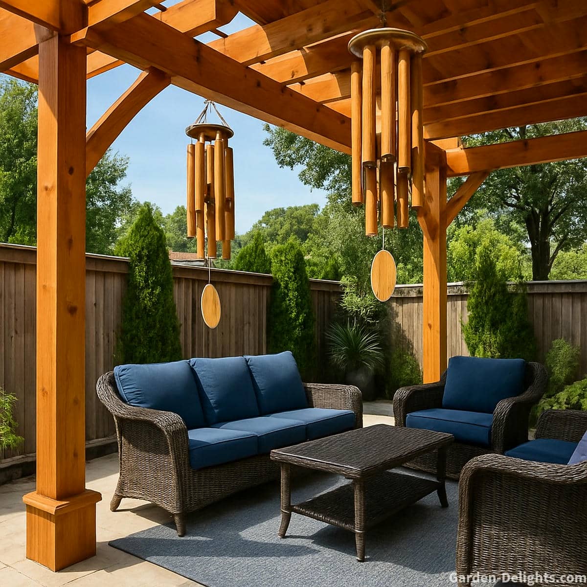 Bamboo wind chimes hanging from a wooden pergola beam above dark wicker patio furniture with blue cushions and a grey rug, creating a peaceful outdoor retreat with soft tones and natural airflow harmony.