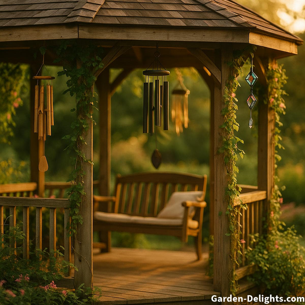 gazebo wind chimes with strong airflow creating deeper sustained tones