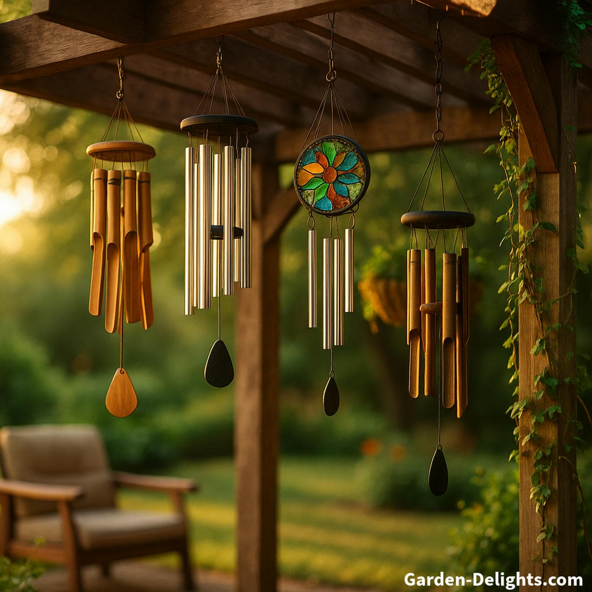 bamboo and metal wind chimes hanging from pergola beams reacting to airflow