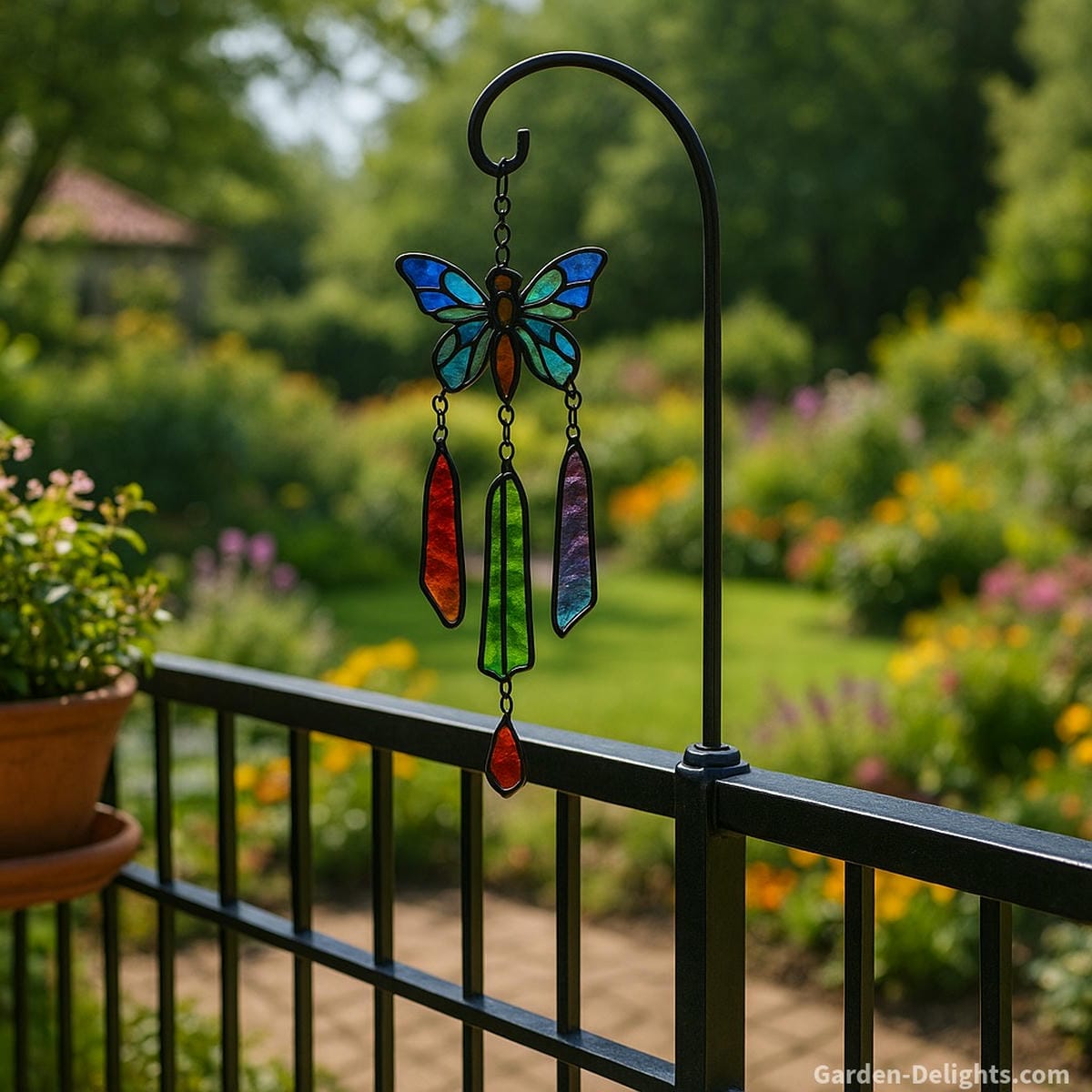 Handcrafted stained-glass butterfly wind chime hanging from a shepherd’s hook mounted on a tall metal patio railing, surrounded by colorful garden blooms and gentle morning light for decorative outdoor ambiance
