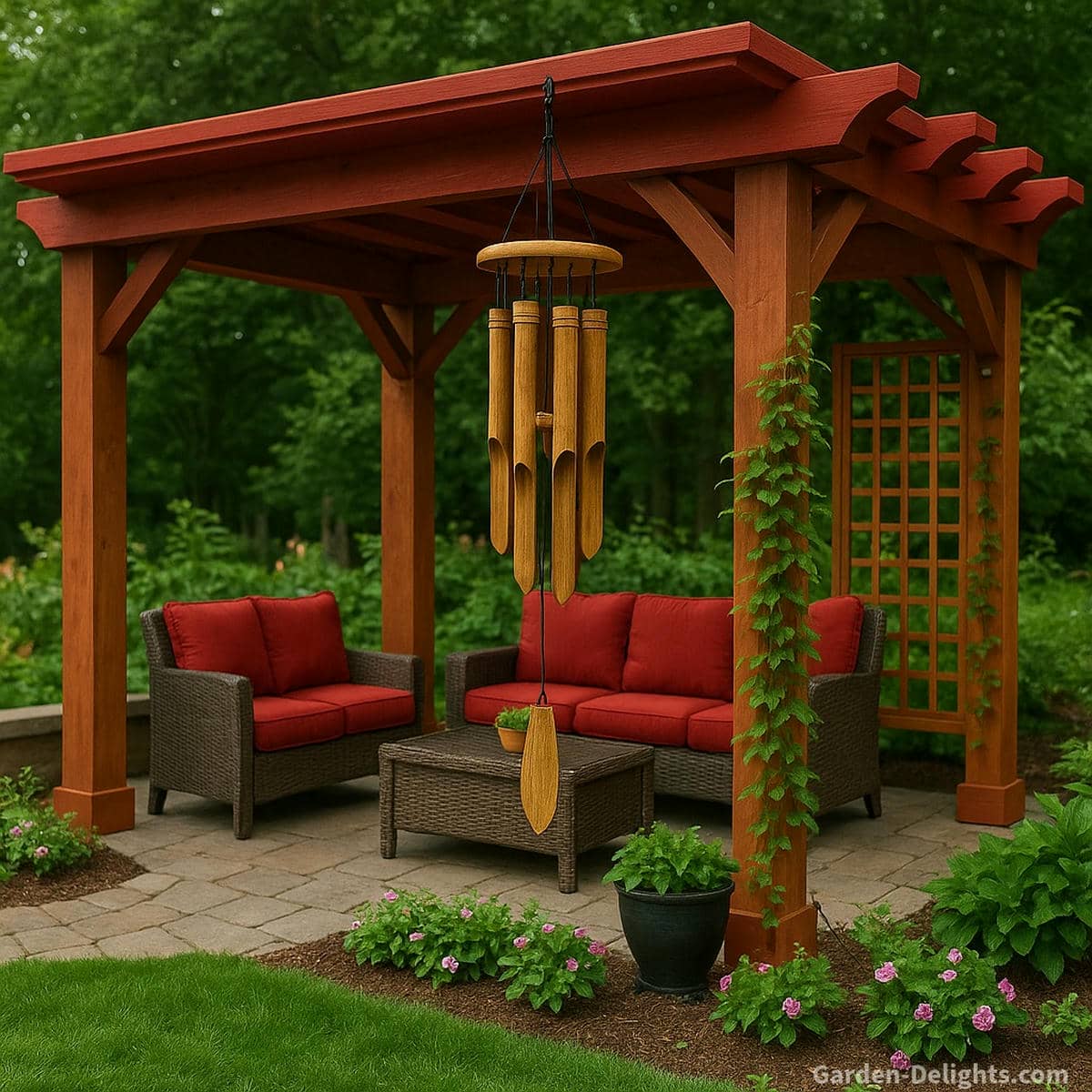 Bamboo wind chimes hanging from a red-roof gazebo with red patio cushions surrounded by lush greenery, seasonal flowers, and a Zen-style garden ambiance