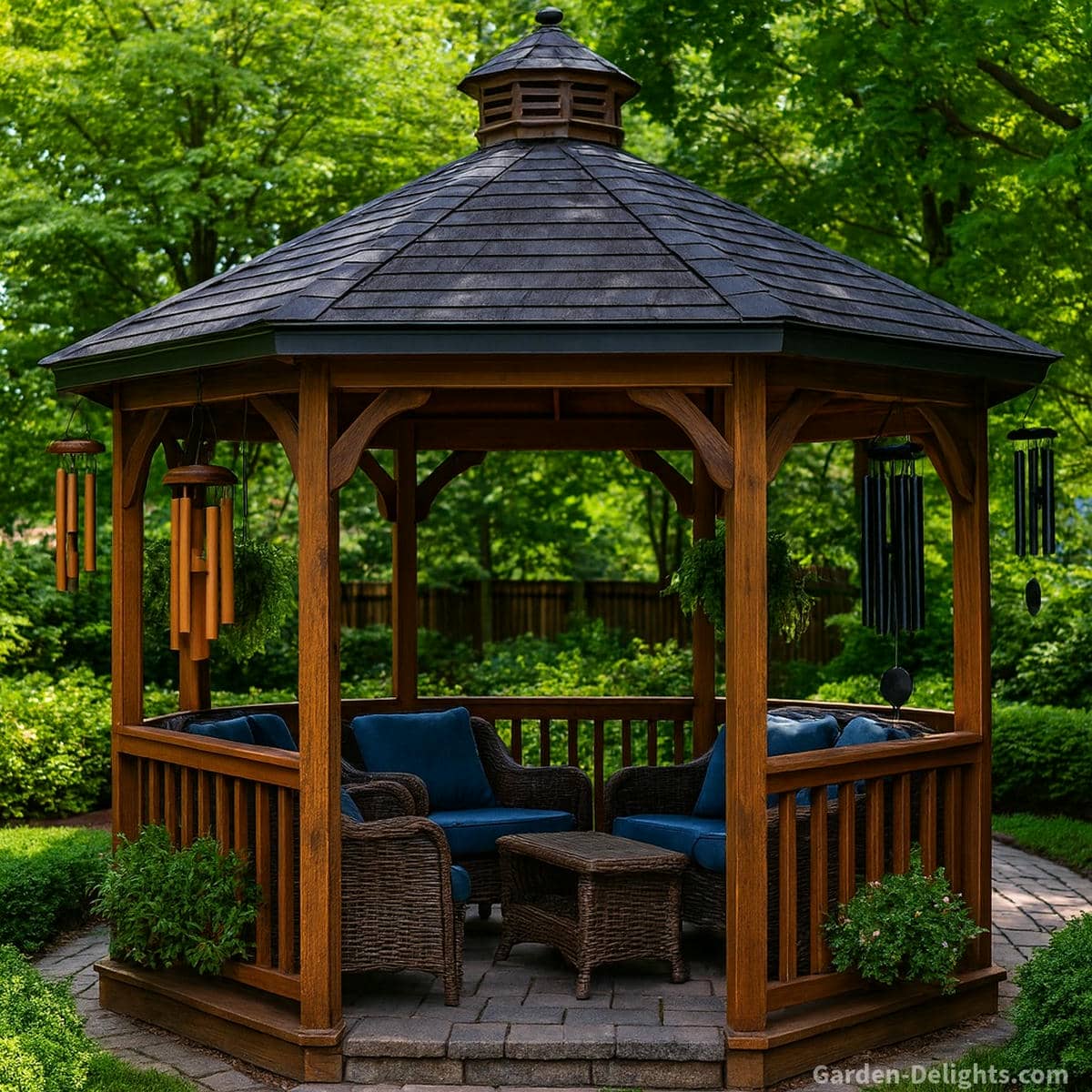 Wooden garden gazebo with a black roof, wicker patio furniture with blue cushions, and aluminum and bamboo wind chimes hanging from the eaves for balanced outdoor sound and seasonal airflow
