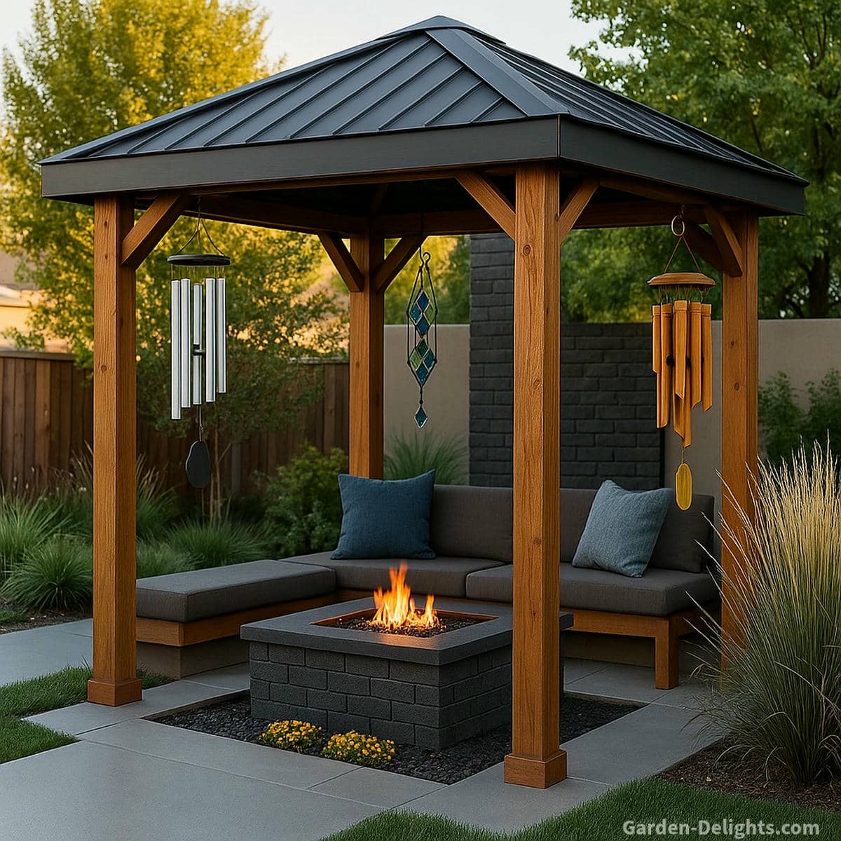Wooden garden gazebo with a dark metal roof featuring aluminum, bamboo, and stained-glass wind chimes hanging from the beams above a grey seating area and fire table, creating balanced outdoor sound and emotional calm