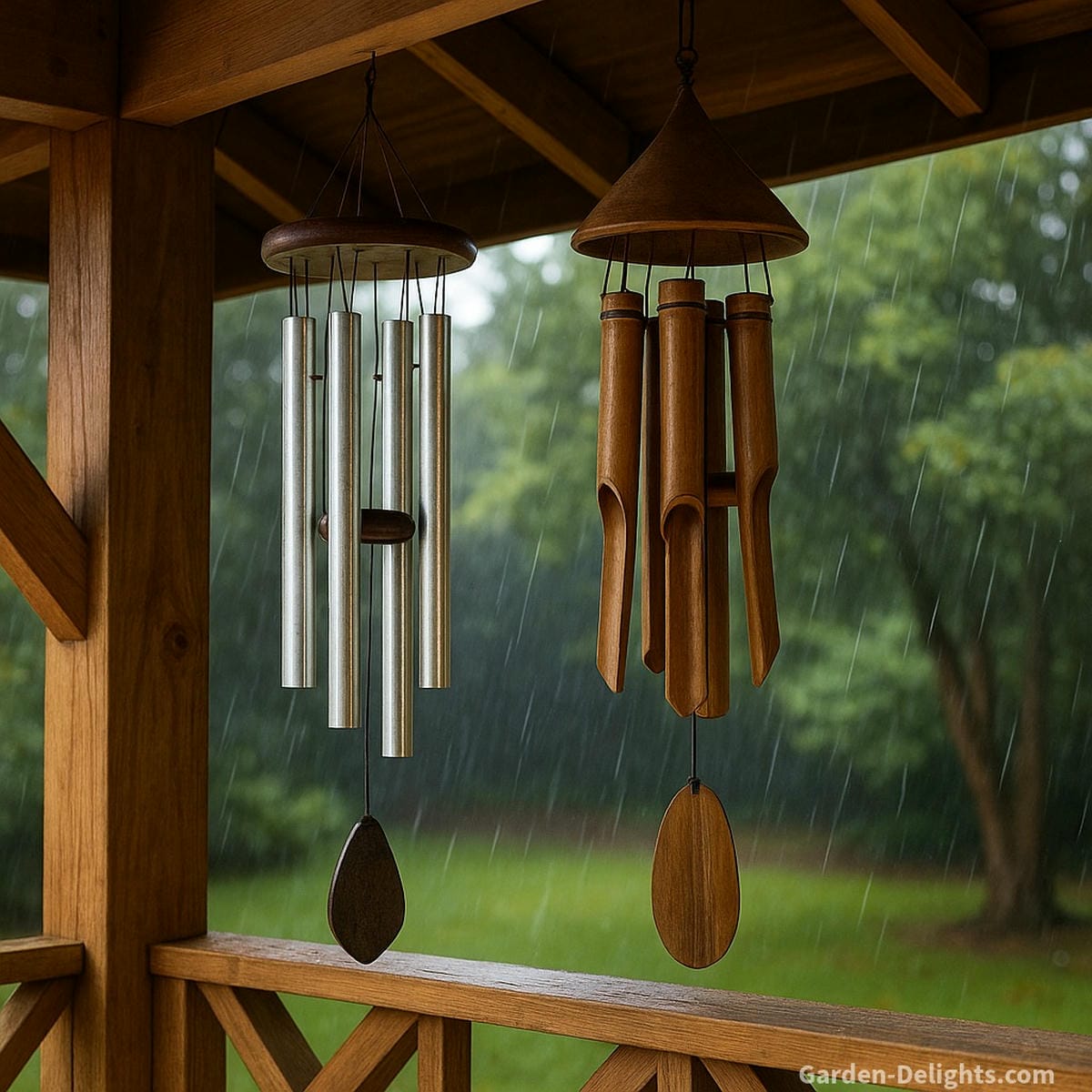 Weatherproof aluminum and bamboo wind chimes hanging inside a wooden gazebo as light rain falls outside, showing UV-safe placement, storm-protected mounting, and durable year-round outdoor performance