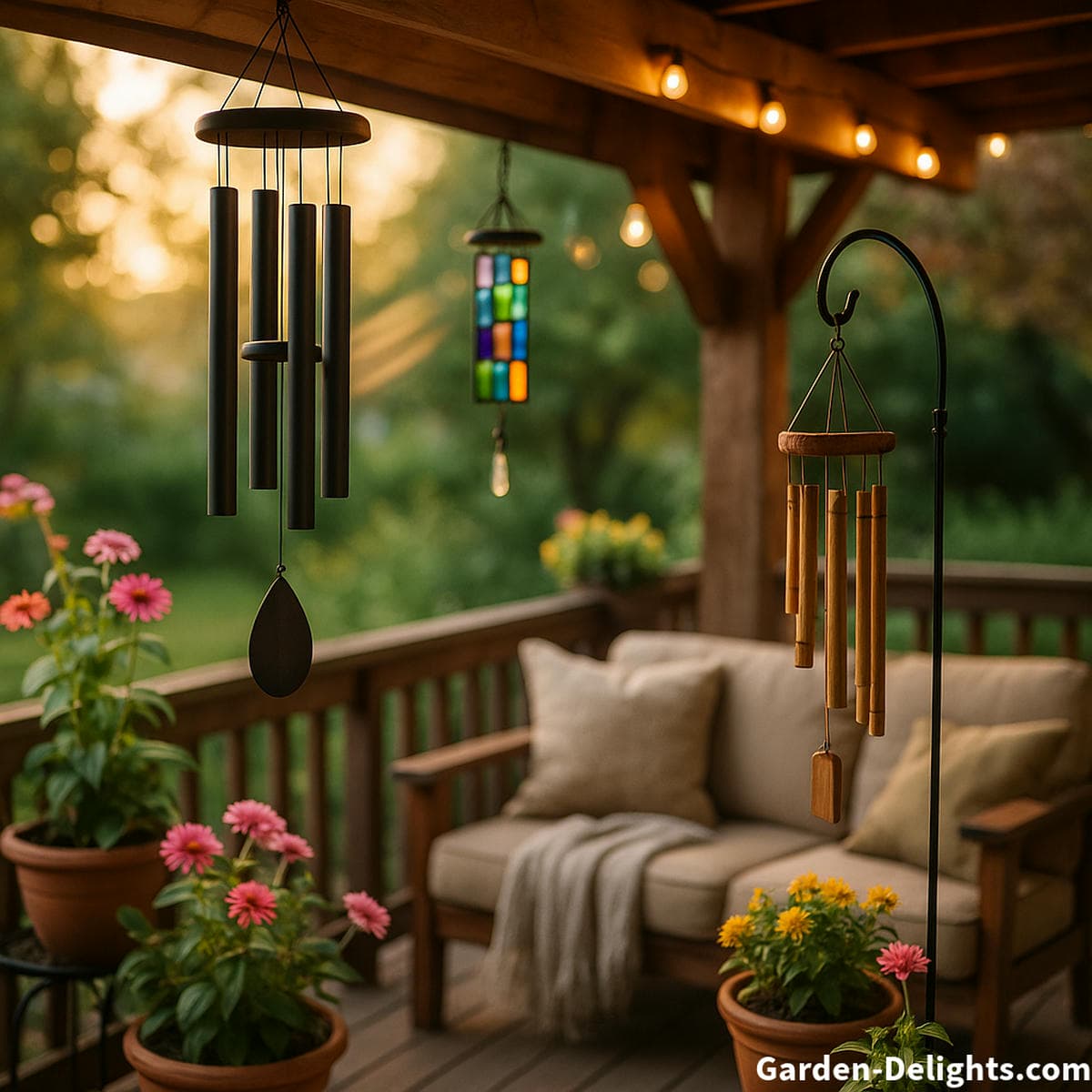 patio wind chimes mounted on pergola with warm airflow and decorative tone balance