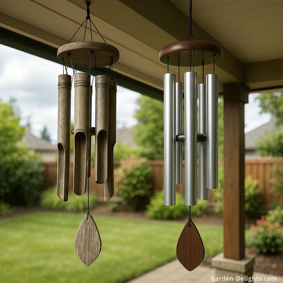Covered patio with hanging aluminum and bamboo wind chimes, showing UV-safe finishes, weather-resistant materials, and seasonal placement to prevent corrosion, fading, and cracking in a four-season garden setup