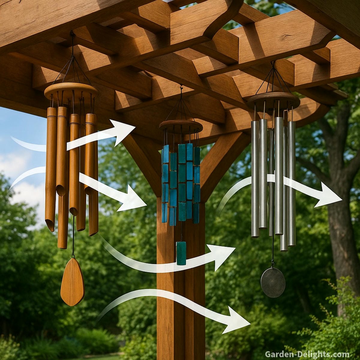 Wind chimes hanging under a pergola with airflow paths illustrated by breezes moving through angled rafters, open sides, and surrounding trees showing how acoustic airflow patterns shape tone