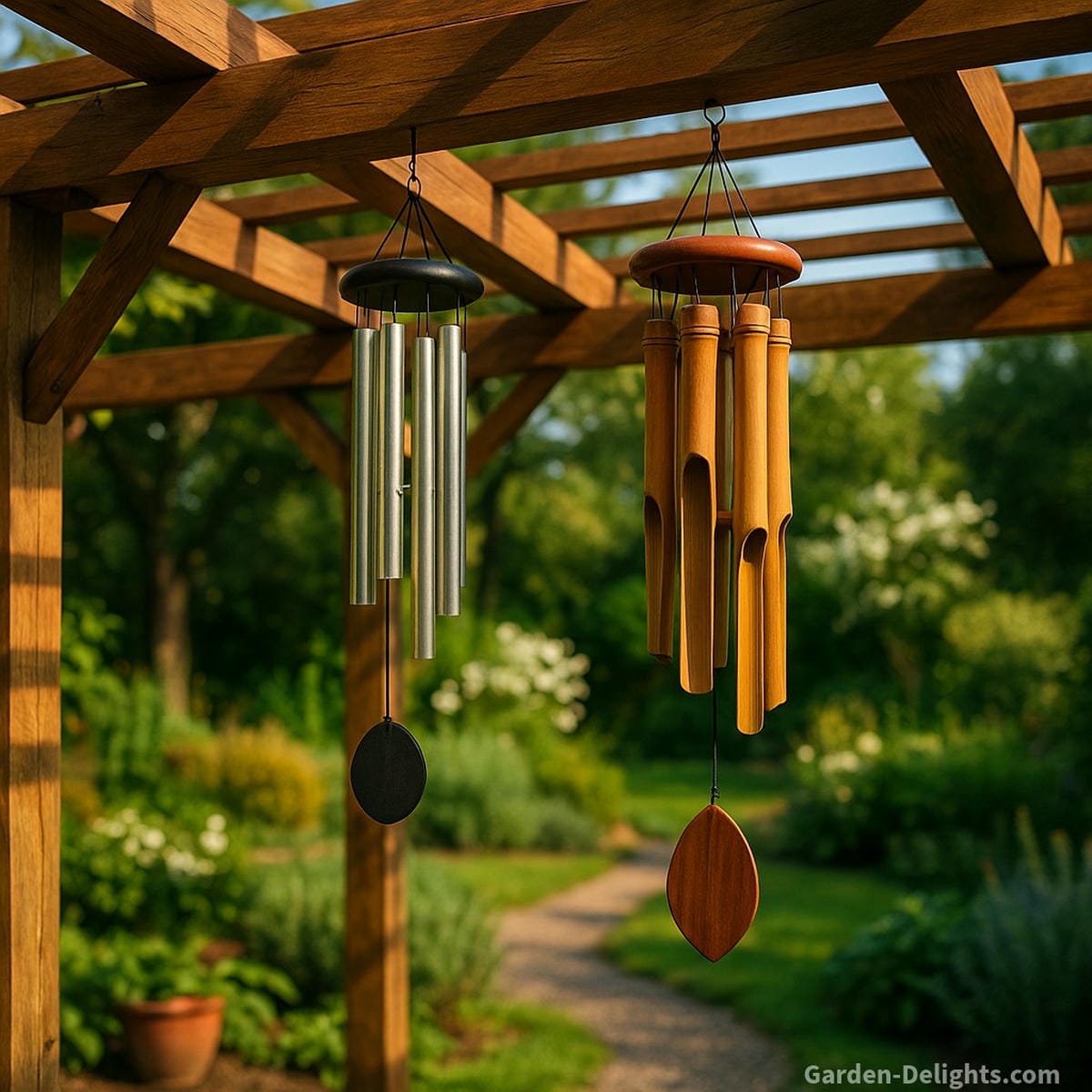 Pergola Feng Shui wind chimes positioned along wooden rafters with wood and metal elements for Chi activation and outdoor harmony in garden spaces