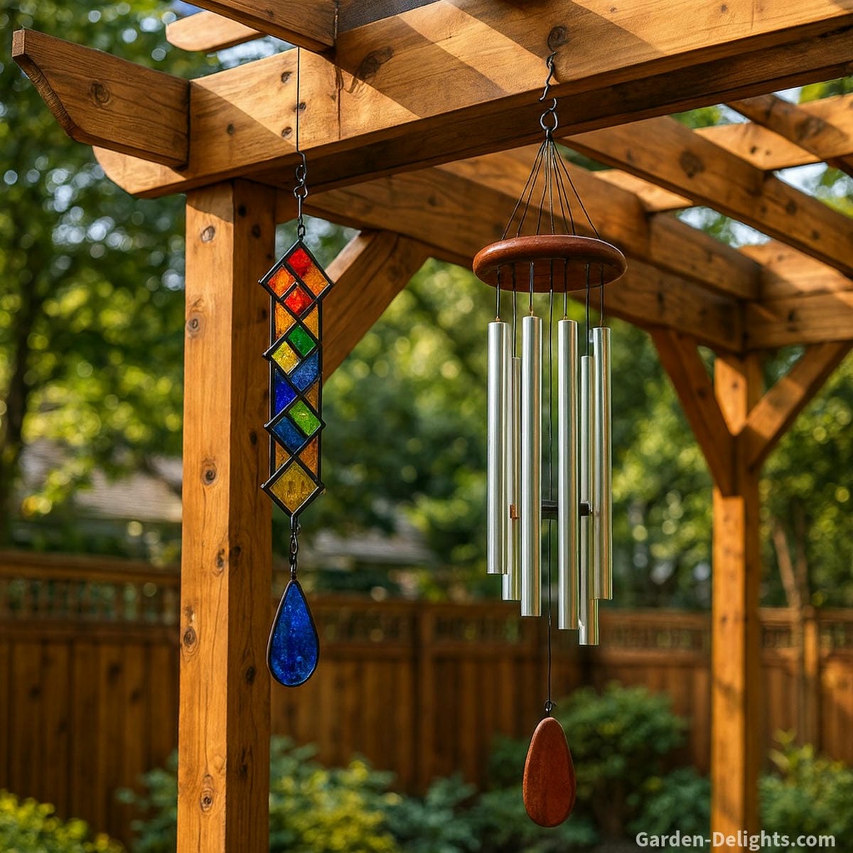 Two wind chimes one stained glass, one aluminum securely mounted to a wooden pergola beam, catching angled sunlight and breeze to create light refraction and soothing outdoor tones in a backyard retreat