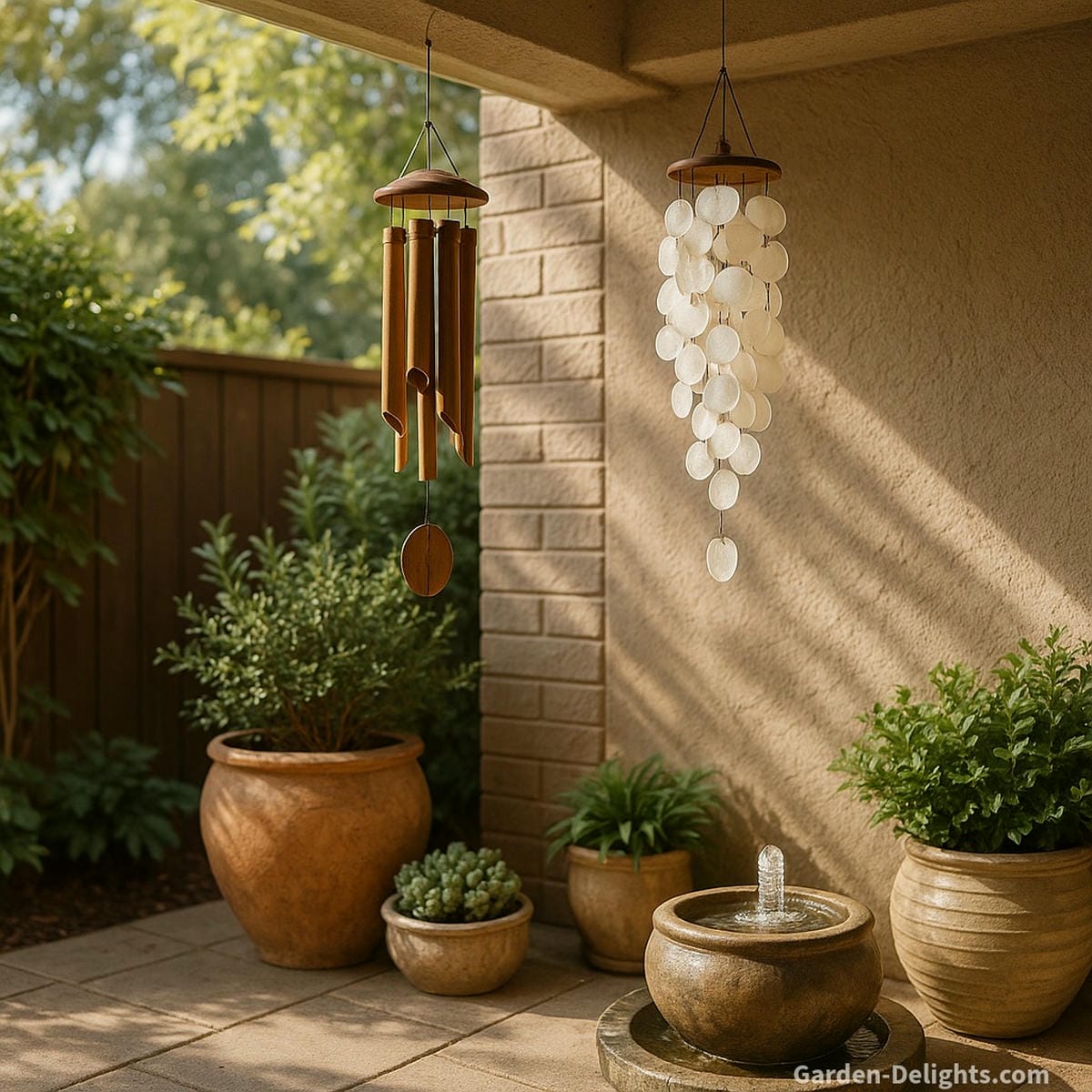 Quiet bamboo and capiz shell wind chimes hanging from a small patio corner, surrounded by soft planters, filtered sunlight, and a nearby water feature symbolizing acoustic calm and mindful Feng Shui flow