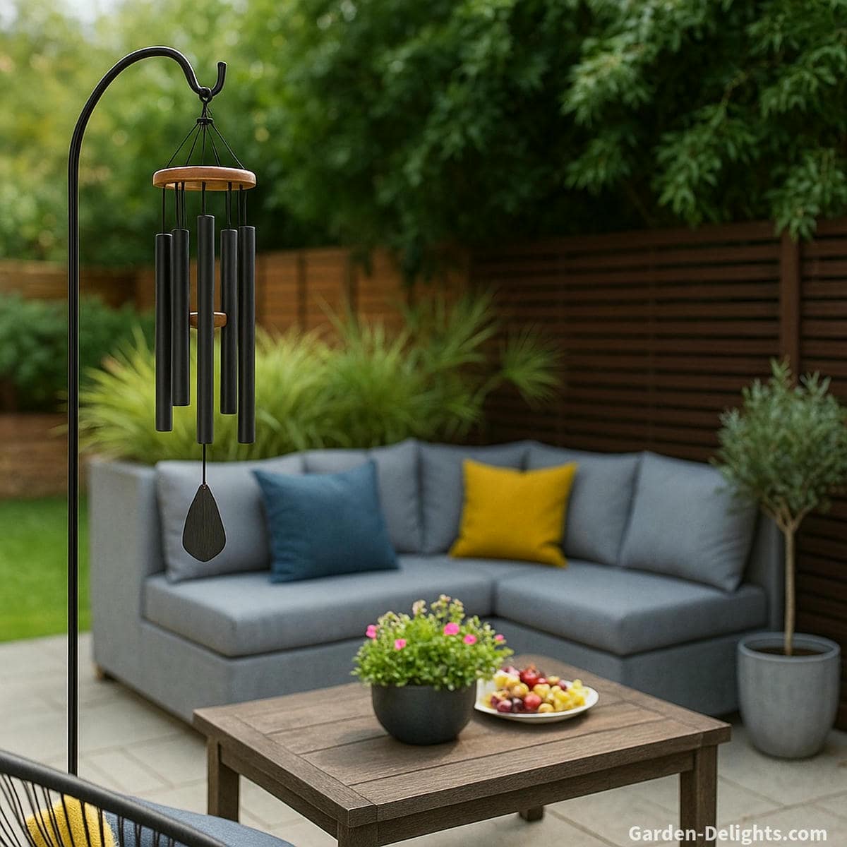 deep tone wind chimes in garden with steady airflow creating long lasting resonance and calming sound