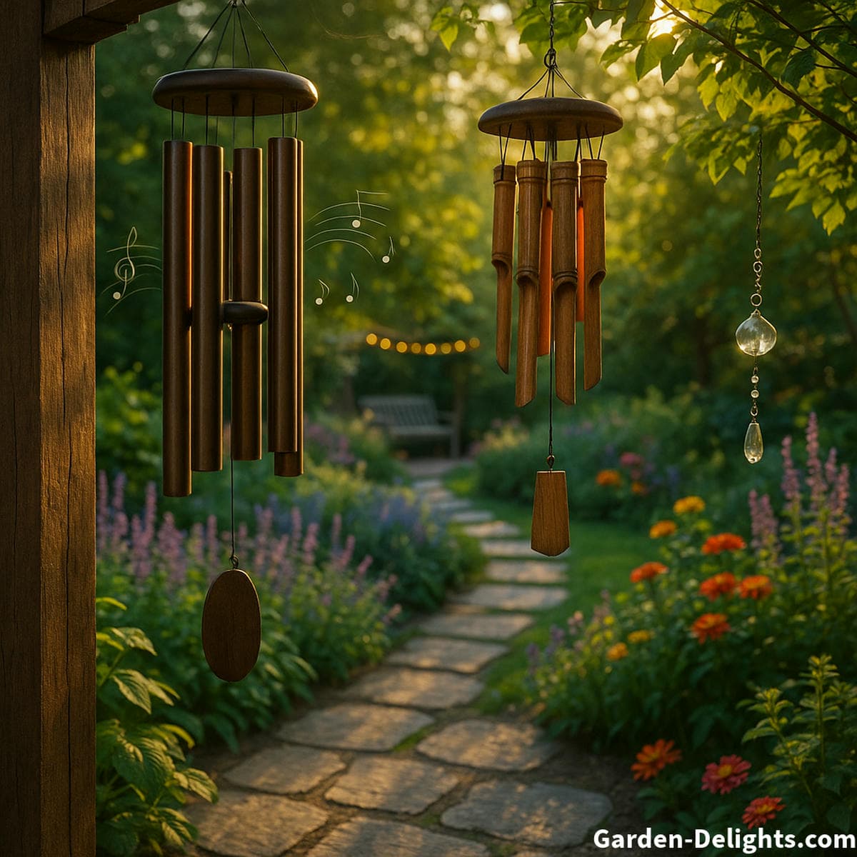 Best-sounding wind chimes hanging in a peaceful garden, showcasing deep resonance and clear, melodic tone