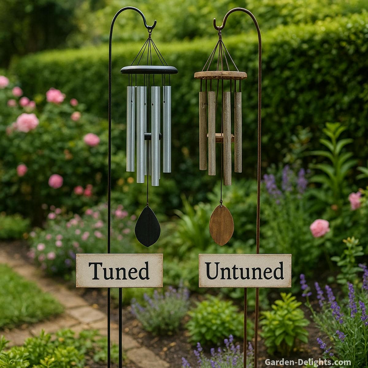 Tuned vs untuned wind chimes side-by-side in a garden setting, showing differences in sound clarity, musical tuning, and harmonic resonance for best Feng Shui acoustics