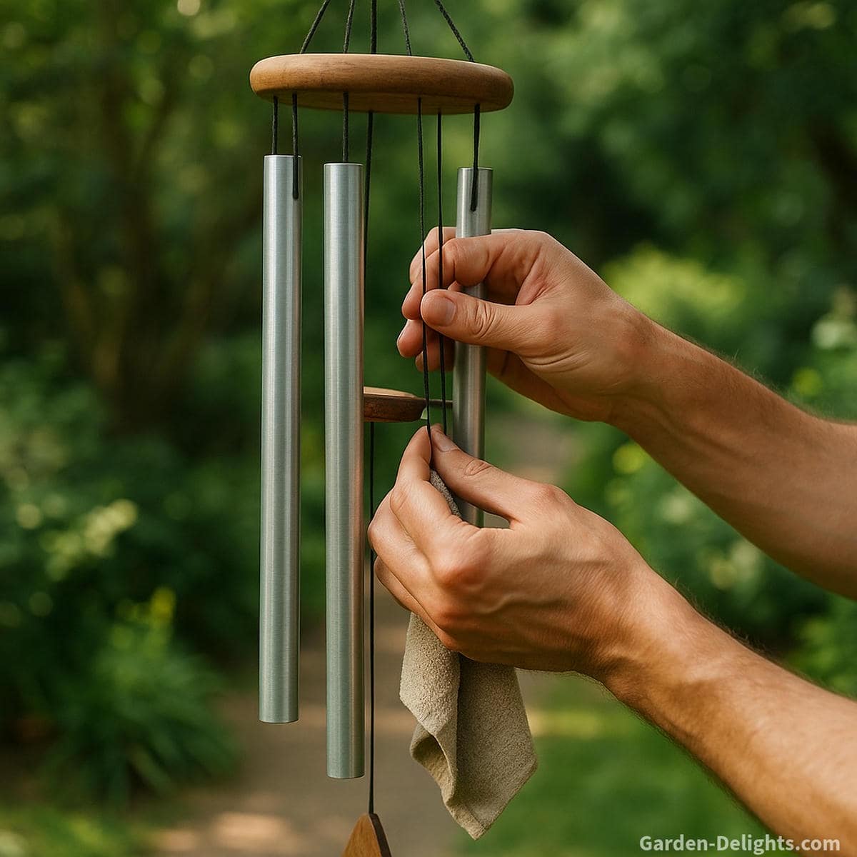 Tranquil garden hands adjusting wind chime tubes and inspecting strings symbolizing daily care, acoustic purity, and emotional balance through tone-preserving rituals