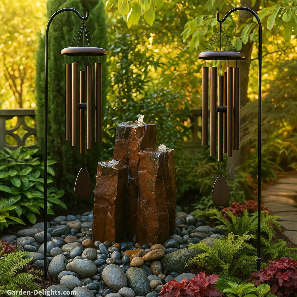 Bronze aluminum wind chimes hanging beside a cascading stone water fountain in a tranquil garden showing how water flow and tuned metal resonance create soothing, balanced outdoor sound harmony