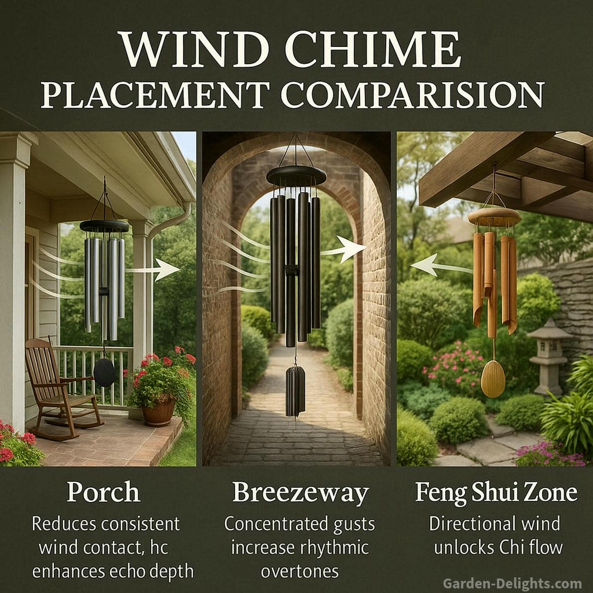 Wind chimes placed along a breezy porch, Feng Shui path, and garden entryway demonstrating optimal airflow zones, acoustic resonance clarity, and energy alignment for peaceful outdoor soundscapes
