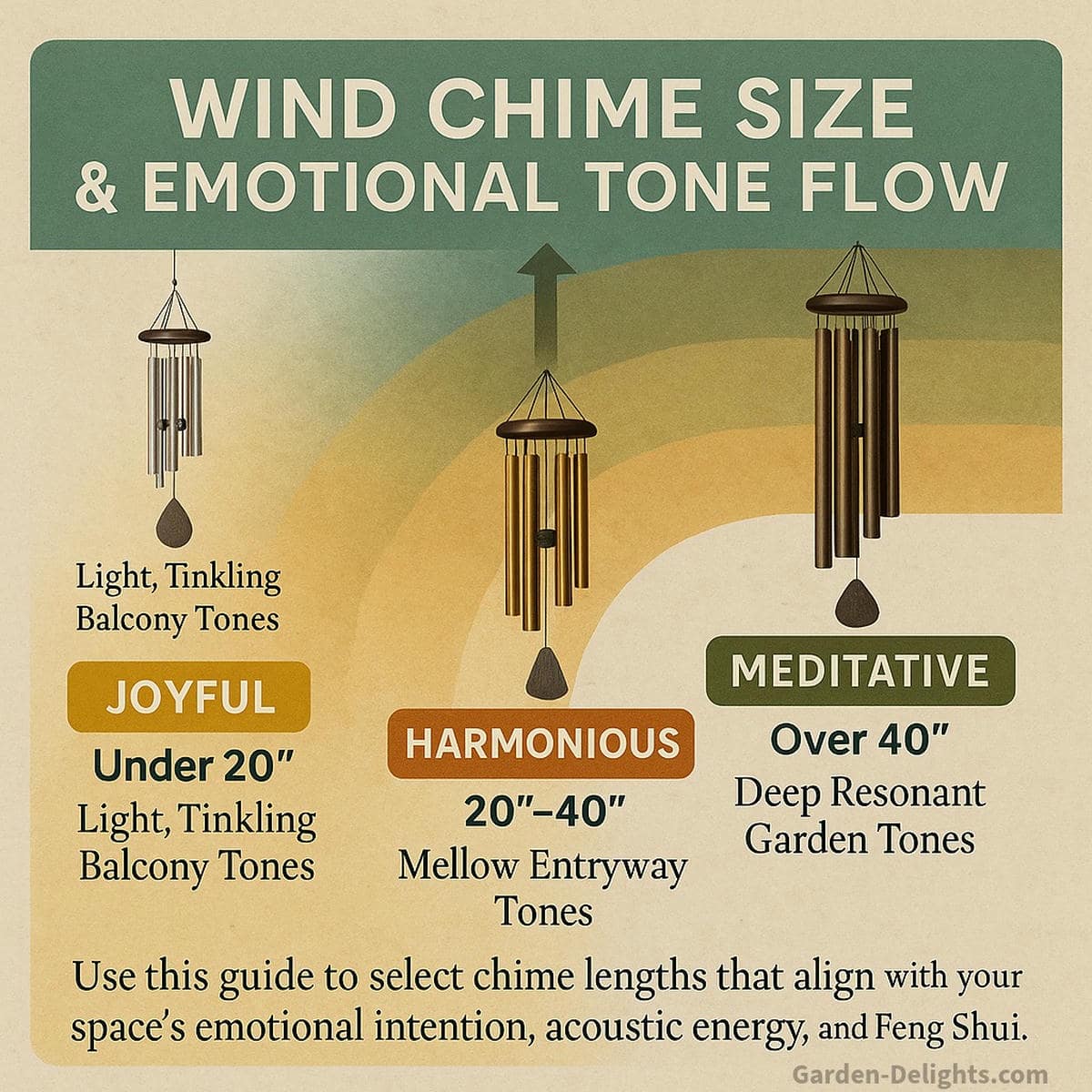 Emotional tone map comparing wind chime sizes bright balcony chimes under 20”, harmonious mid-size chimes for entryways, and deep-resonance chimes over 40” for meditation gardens and backyard soundscapes