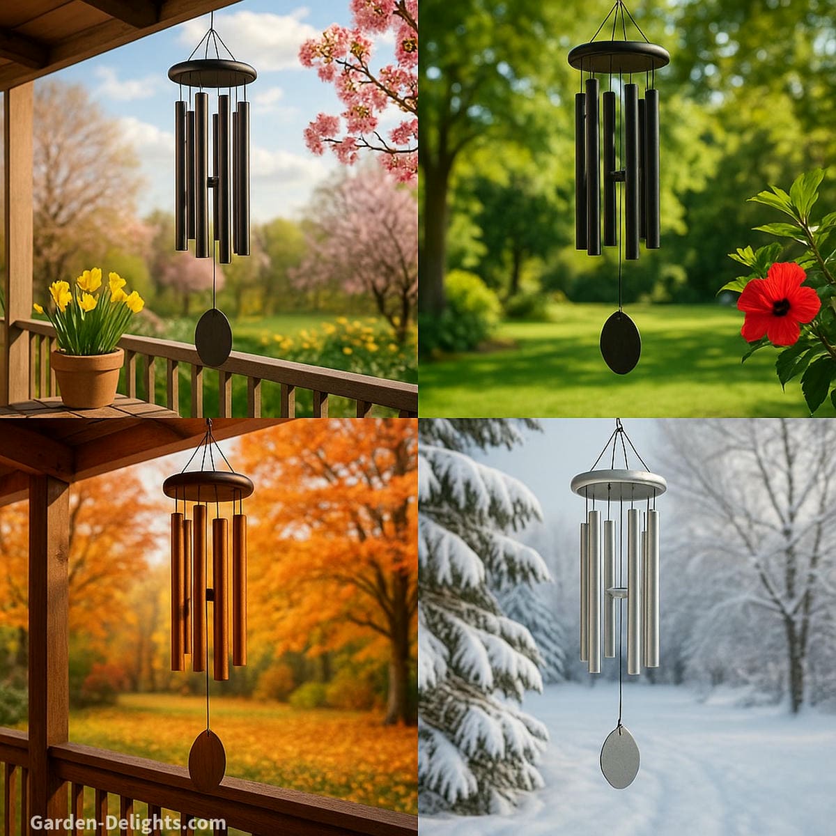 Wind chimes displayed through all four seasons with spring blooms summer foliage autumn colors and winter snow showing how tone durability and ambience shift through the year
