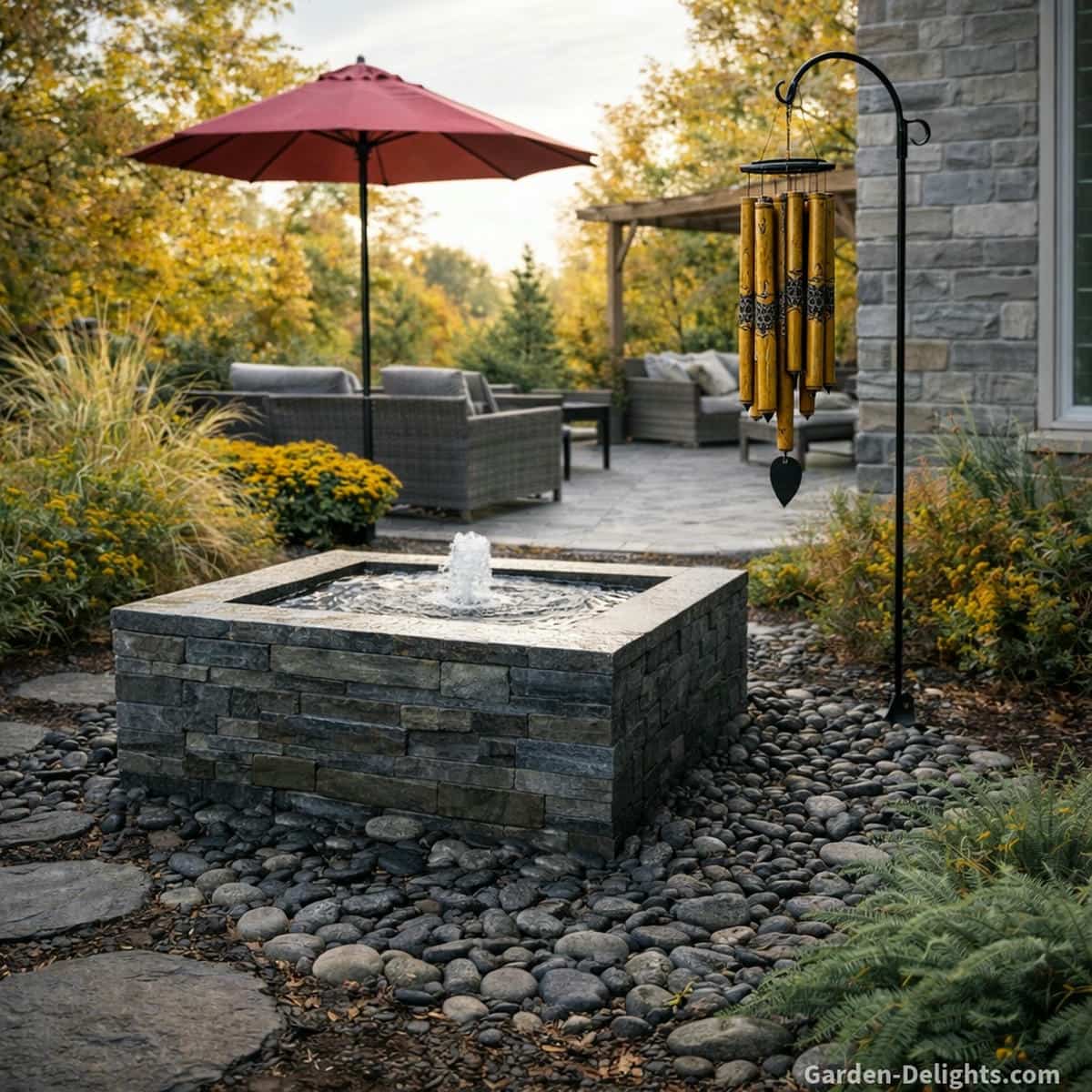 North facing fall backyard with a square stone water feature surrounded by smooth river rocks, golden foliage and a tall shepherds hook holding engraved bamboo wind chimes that sway in cool seasonal airflow to support Water element chi, emotional balance and calm autumn sound