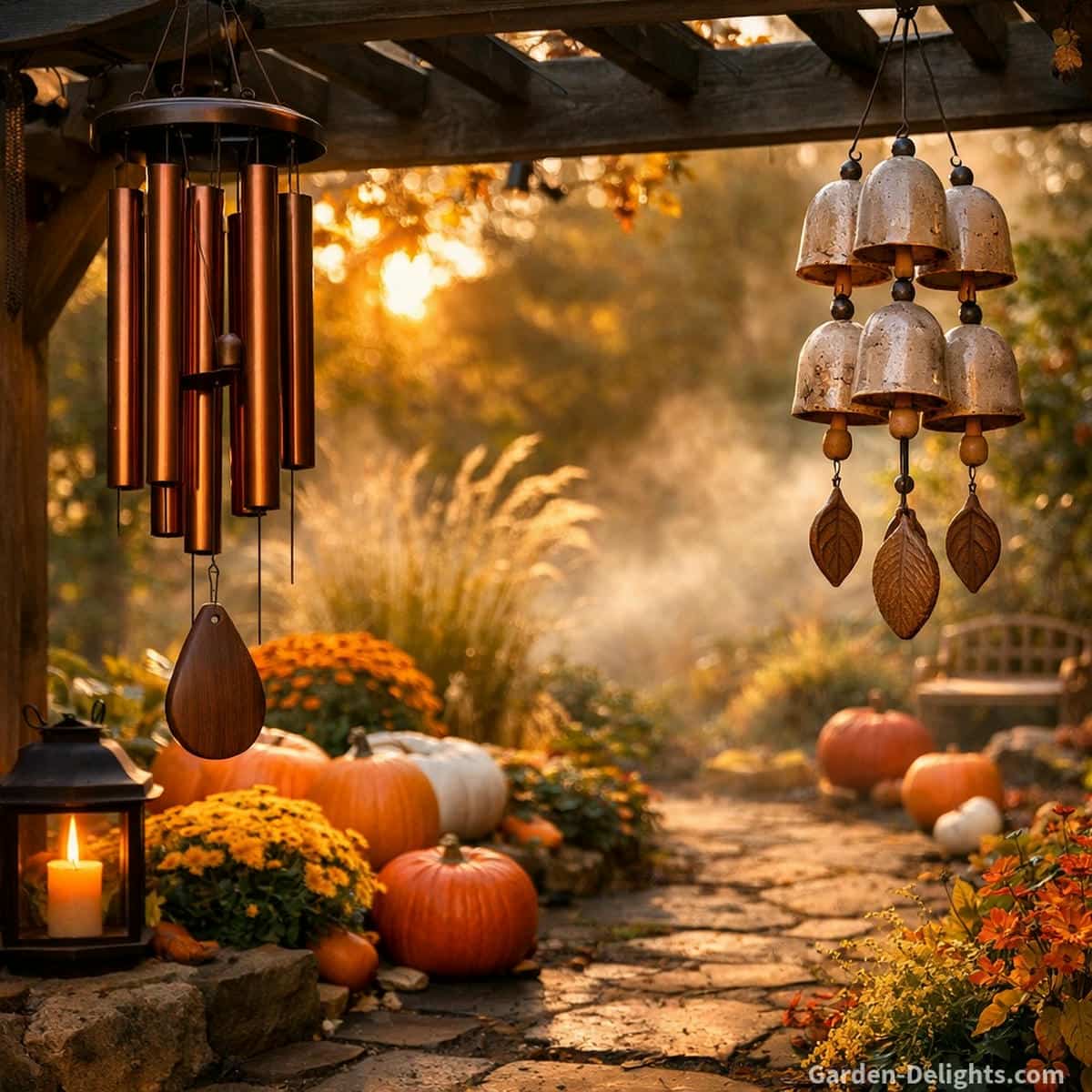Fall patio pergola with copper and ceramic wind chimes resonating in cool dense air as pumpkins, mums and low golden light shape airflow pathways and deepen warm autumn tone