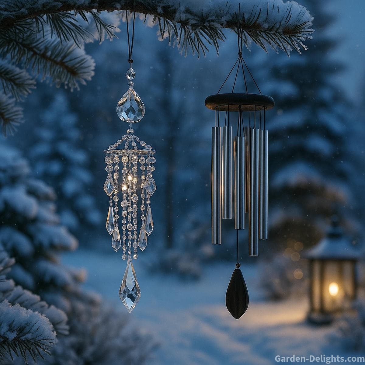 Crystal and aluminum winter Feng Shui wind chimes hanging in a north facing snowy garden with soft lantern light and quiet pine branches that shape peaceful seasonal resonance and calm emotional energy