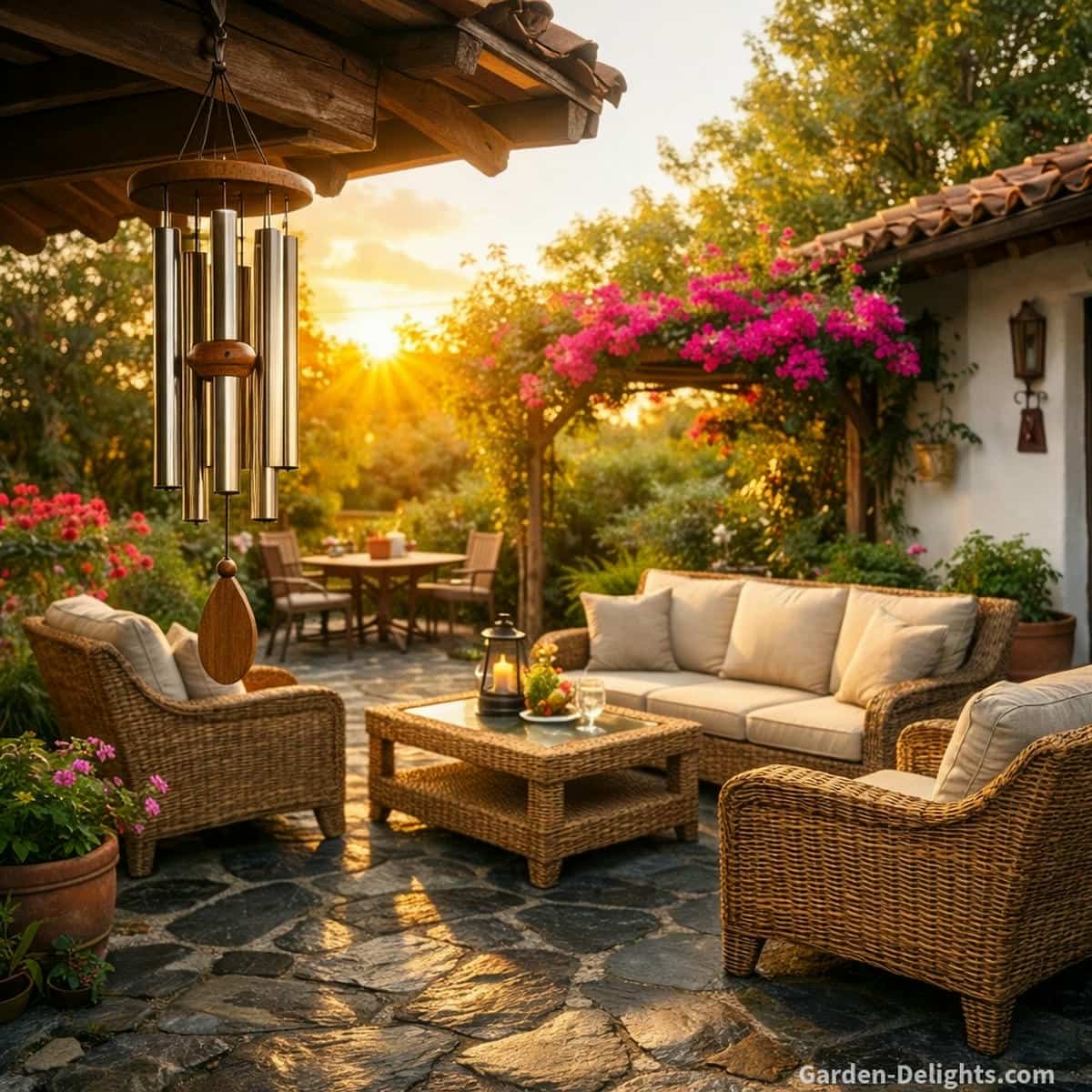 seasonal wind chime glowing at golden hour with soft airflow and warm patio atmosphere