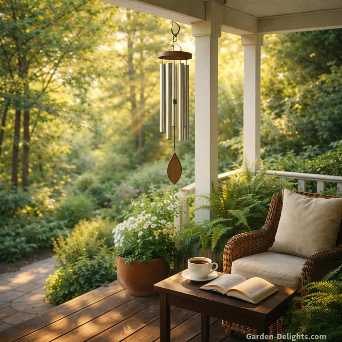Tuned aluminum wind chime moving gently in warm morning light on a quiet porch with soft seasonal airflow gentle movement peaceful outdoor energy and year round tone that supports spring renewal summer calm fall reflection and winter clarity in garden and porch spaces