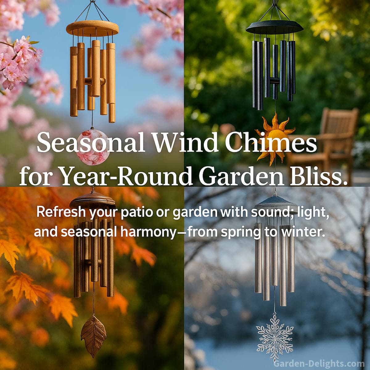 Best wind chimes by season displayed across spring equinox blooms, summer solstice sunlight, autumn foliage, and winter snow featuring bamboo, crystal, copper, and tuned aluminum outdoor wind chimes for year round garden decor
