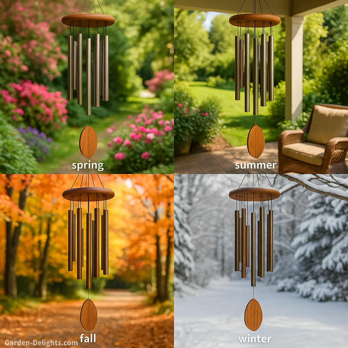 Best wind chimes by season displayed in spring summer fall and winter garden settings with gentle movement peaceful tone and outdoor decor that reflects four season ambiance
