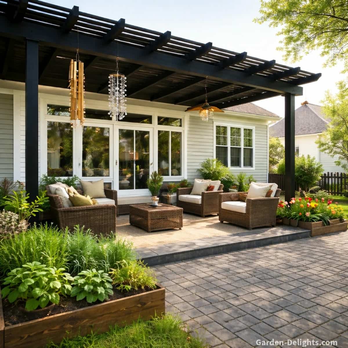 Bamboo and crystal spring wind chimes hanging from a black pergola patio roof above mint basil and rosemary herb planters with bright tulip beds glowing in warm morning light symbolizing seasonal renewal rising Wood energy gentle airflow movement and calming spring Chi across a peaceful backyard garden patio