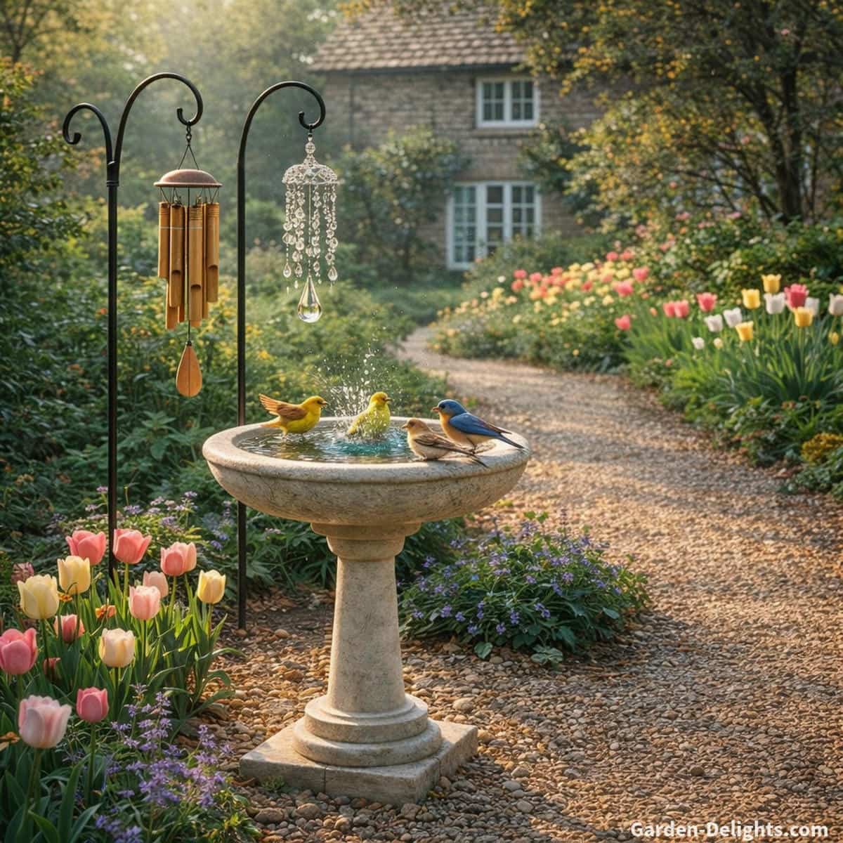 Spring garden birdbath with songbirds splashing in a colorful basin beside tulips, gravel pathways, and warm morning light while bamboo and crystal wind chimes hang from black shepherd’s hooks responding to mild spring airflow with light tonal movement in a wildlife friendly backyard garden