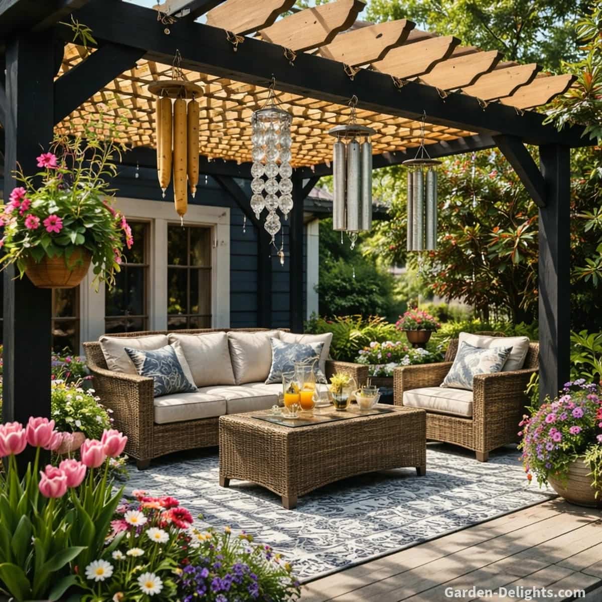 spring wind chimes with light airflow in blooming garden creating soft tone